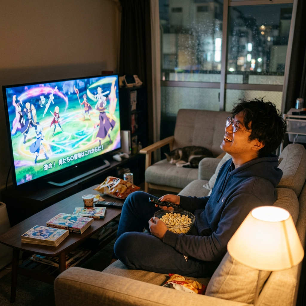 Person watching anime on television while holding popcorn and a remote