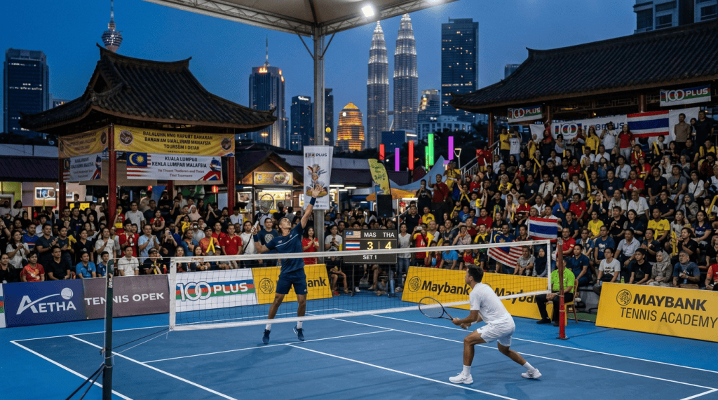 Malaysia and Thailand players contest a volleyball rally on a sandy court